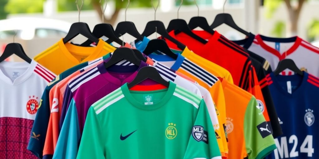 Collection of colorful 2024 MLS soccer jerseys on hangers.