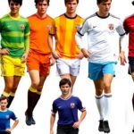 A collection of soccer jerseys from different eras.