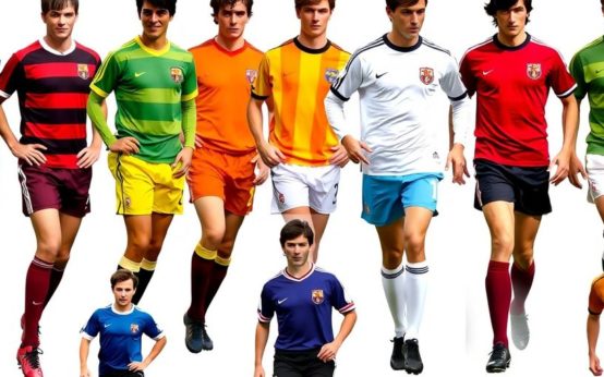 A collection of soccer jerseys from different eras.