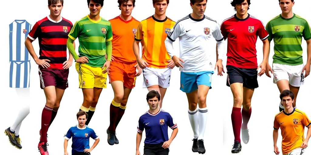 A collection of soccer jerseys from different eras.