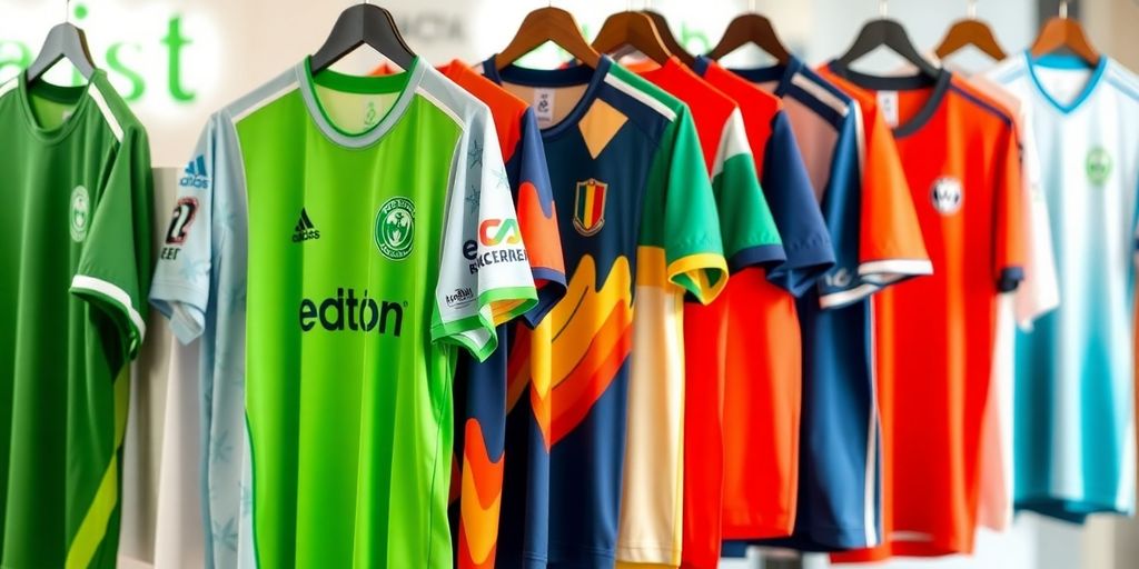 Colorful sustainable soccer jerseys on display.