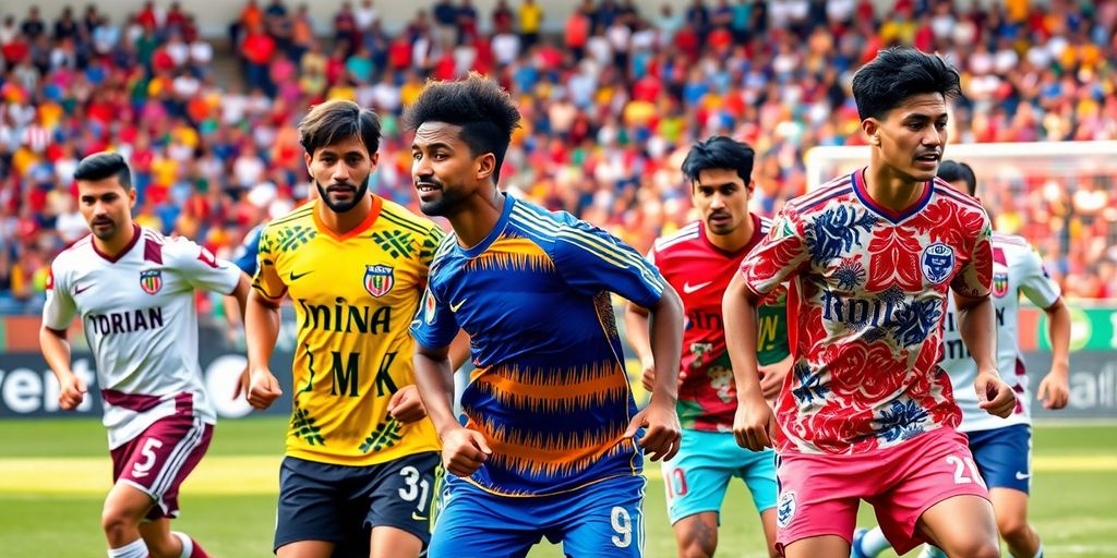 Soccer players wearing colorful cultural jerseys on the field.