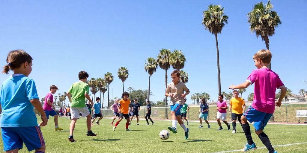 Youth soccer players training on a sunny San Diego field.