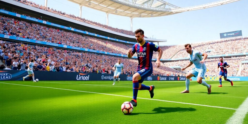 Messi dribbling the ball against NYCFC in vibrant stadium.