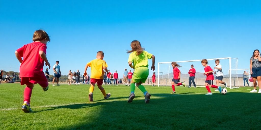 Children playing soccer on a sunny San Diego field.