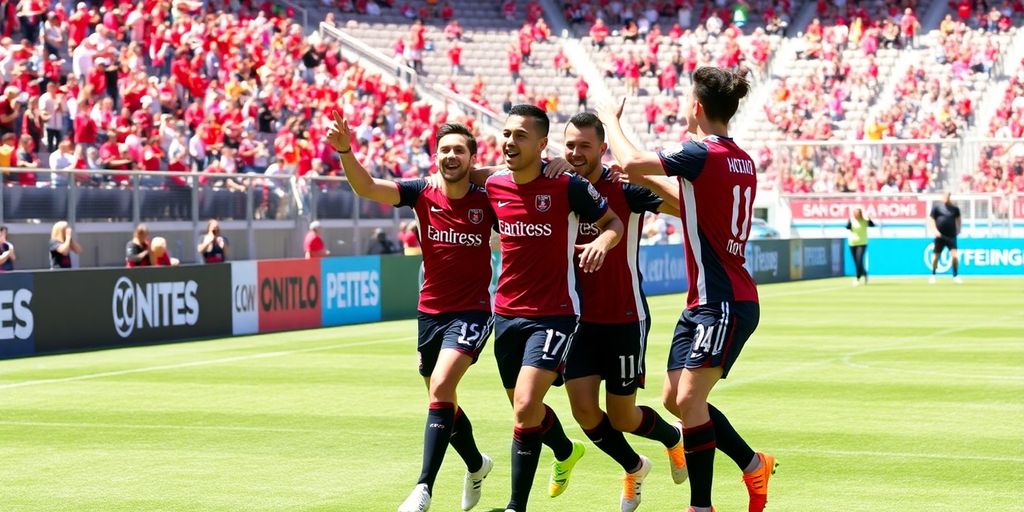 San FC players celebrating a goal on the field.