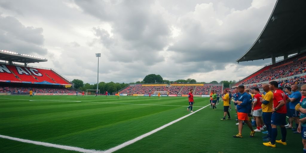 Soccer field with players under cloudy, rainy skies.