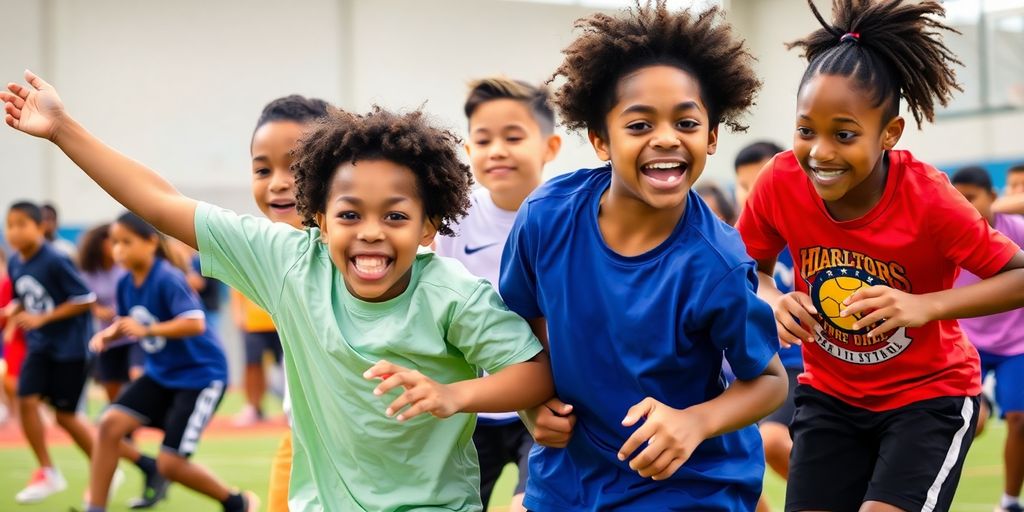 Youth athletes engaged in sports, showing teamwork and energy.