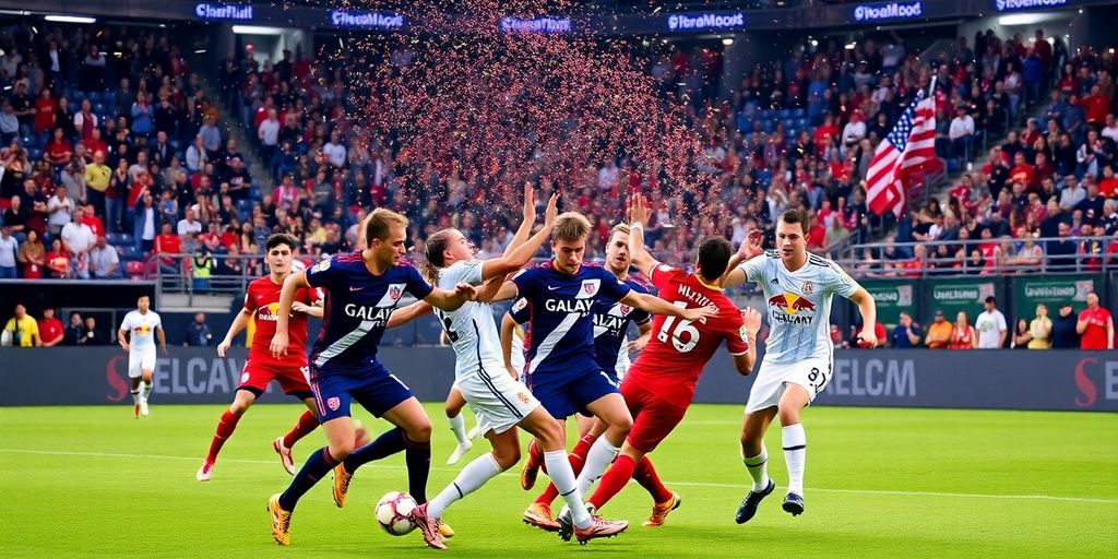 Soccer players in action during Galaxy vs. Red Bulls.