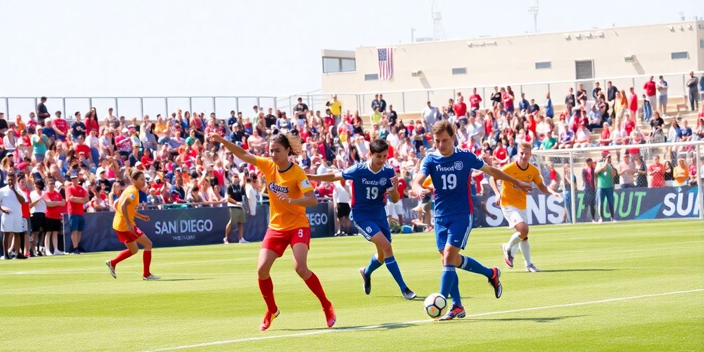 Exciting soccer match in San Diego with players and fans.