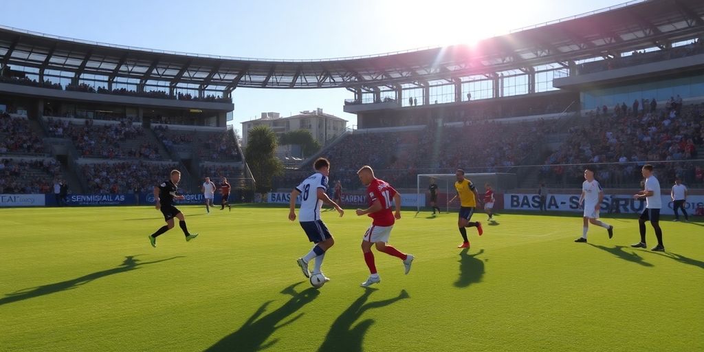 Soccer players in action with fans cheering in background.