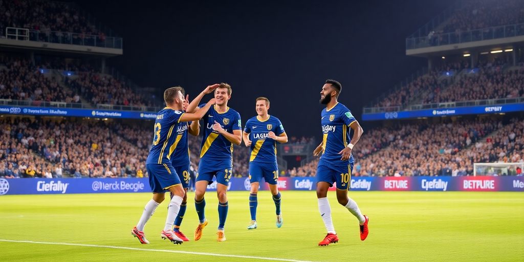 LA Galaxy players celebrating a goal during a match.