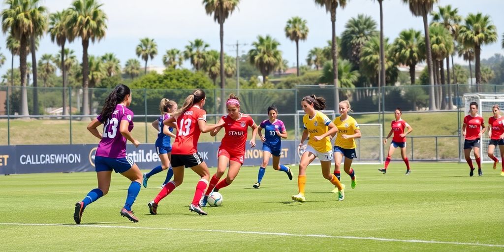 Women soccer players competing on the field in San Diego.