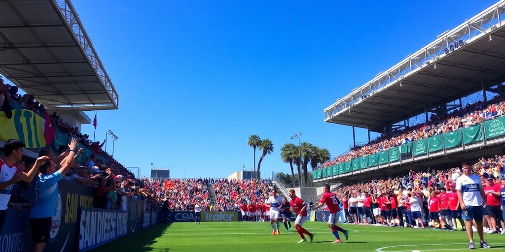 San Diego soccer fans cheering during a lively match.