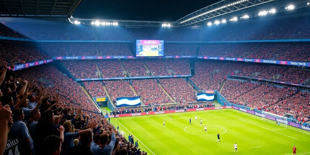 Soccer players on field with enthusiastic fans in background.