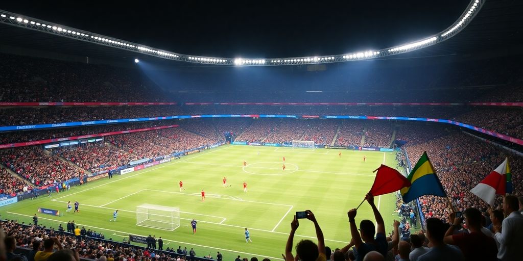 Soccer players on field with cheering fans in stadium.