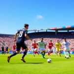 Soccer players on a vibrant field during a match.