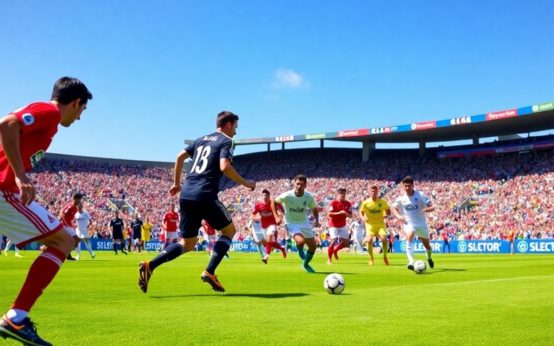 Soccer players on a vibrant field during a match.