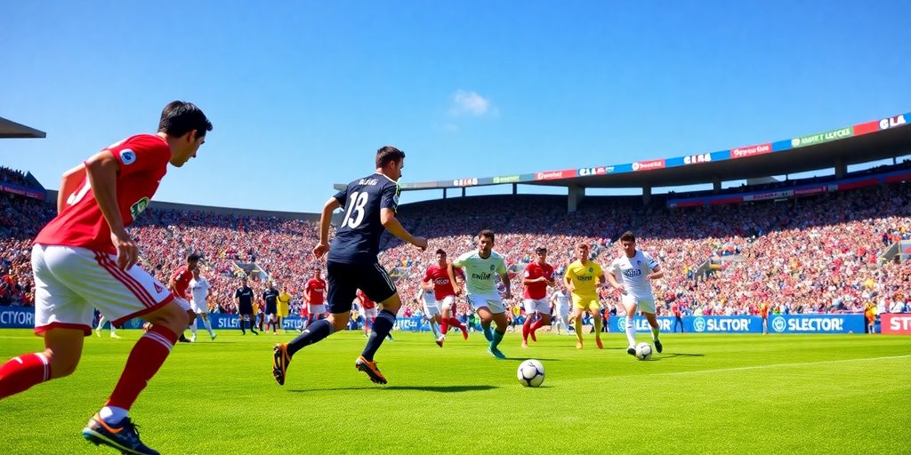 Soccer players on a vibrant field during a match.