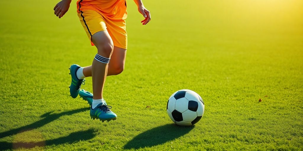 Soccer player dribbling a ball on a green field.