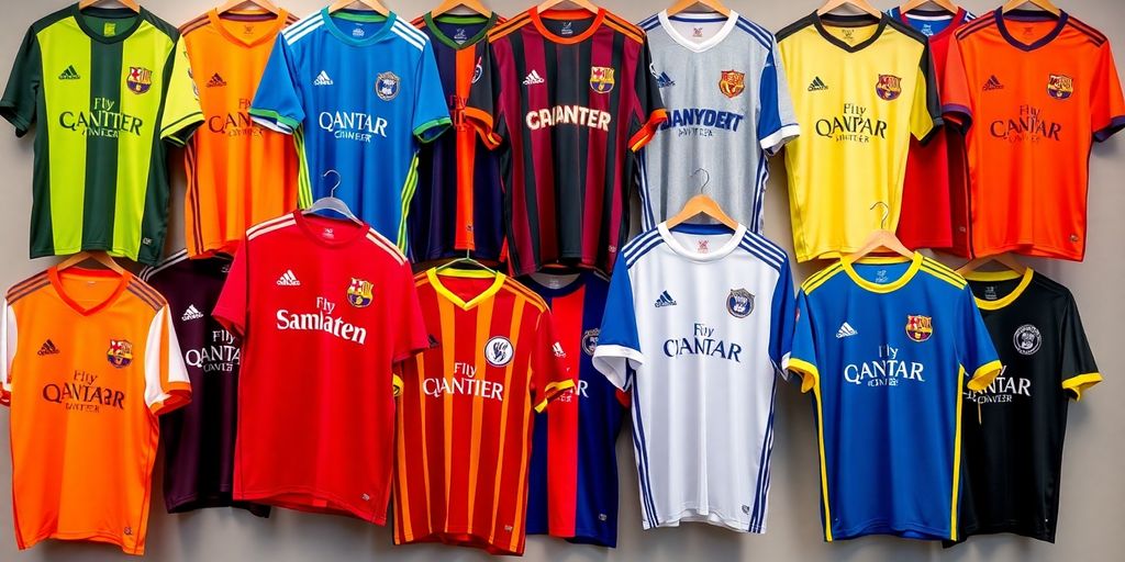 Diverse football club jerseys in various styles and colors.