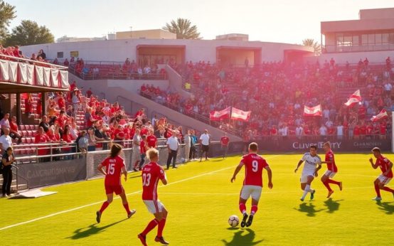 Soccer match in San Diego with players and cheering fans.