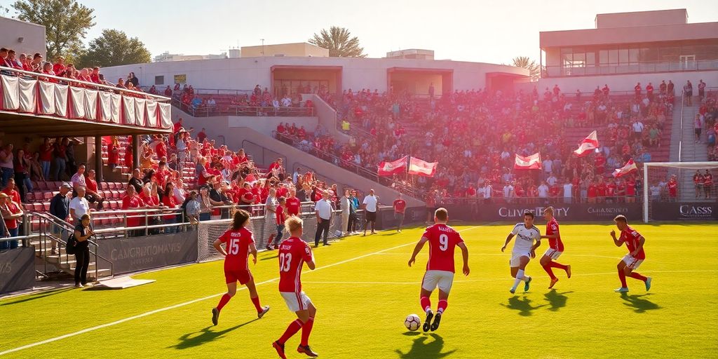 Soccer match in San Diego with players and cheering fans.