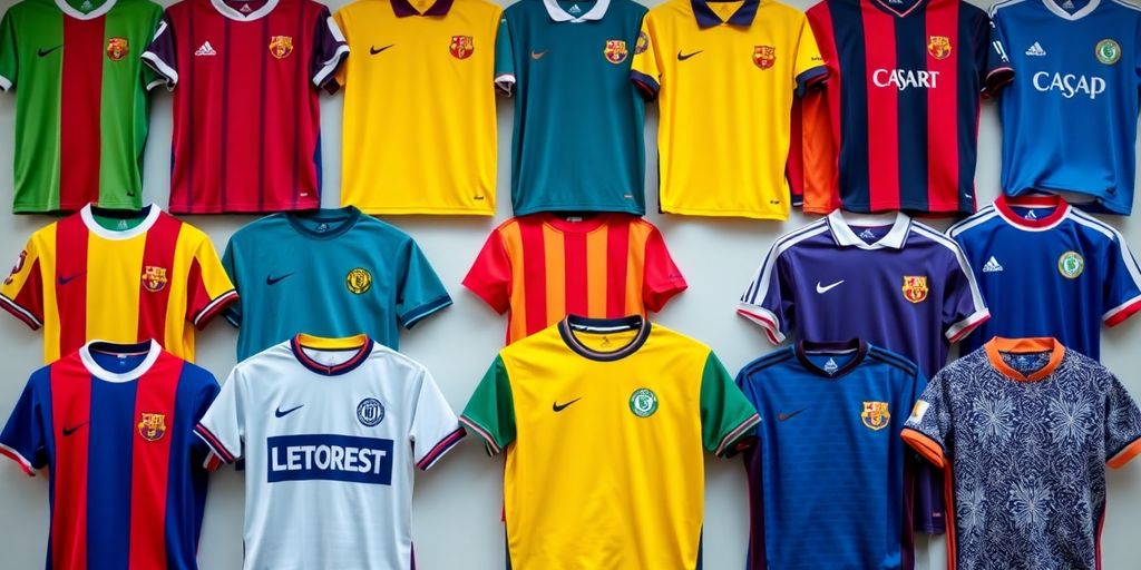 Colorful soccer jerseys from different eras and styles.