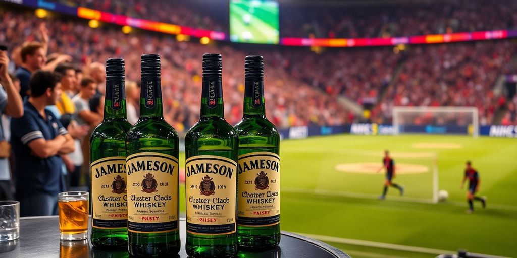 Jameson whiskey bottles at a soccer event with fans.