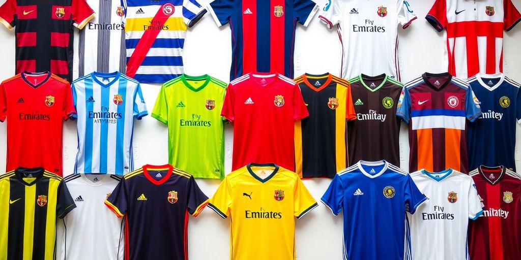 A variety of soccer jerseys in modern and classic styles.