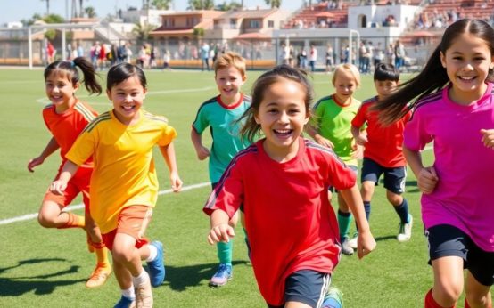 Youth soccer players playing on a sunny field in San Diego.