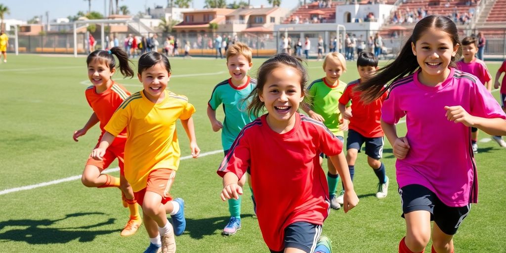 Youth soccer players playing on a sunny field in San Diego.