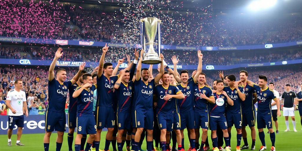 LA Galaxy players celebrate with the MLS Cup trophy.