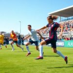 Soccer match in San Diego with players and cheering fans.