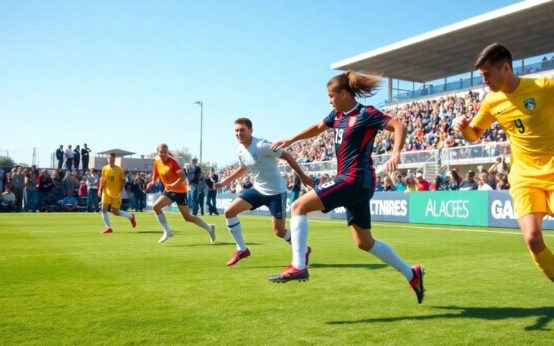 Soccer match in San Diego with players and cheering fans.