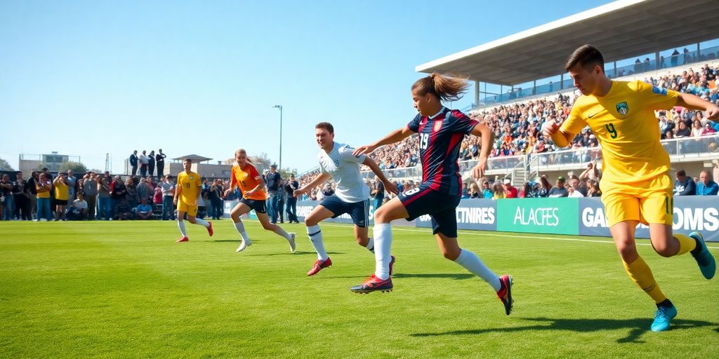 Soccer match in San Diego with players and cheering fans.