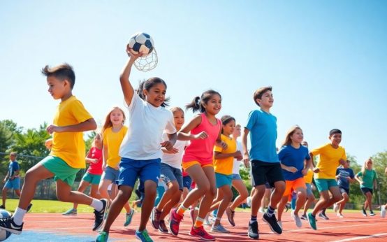 Diverse youth athletes participating in sports activities outdoors.