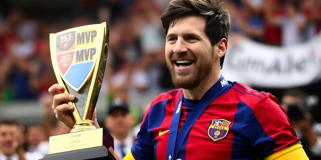 Lionel Messi celebrating with the MLS MVP trophy.