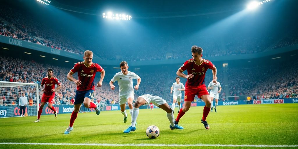 Soccer players competing intensely in a dynamic match.