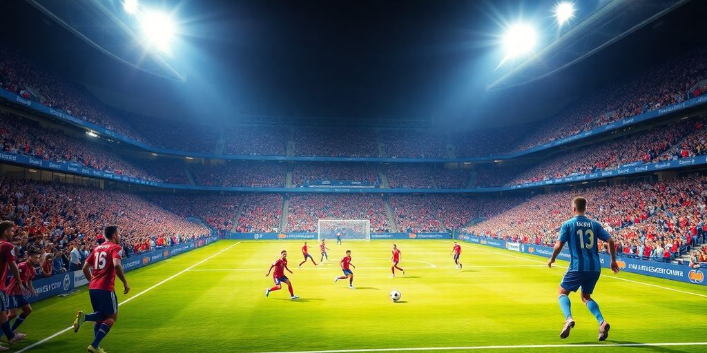 Soccer players on a field with fans cheering.