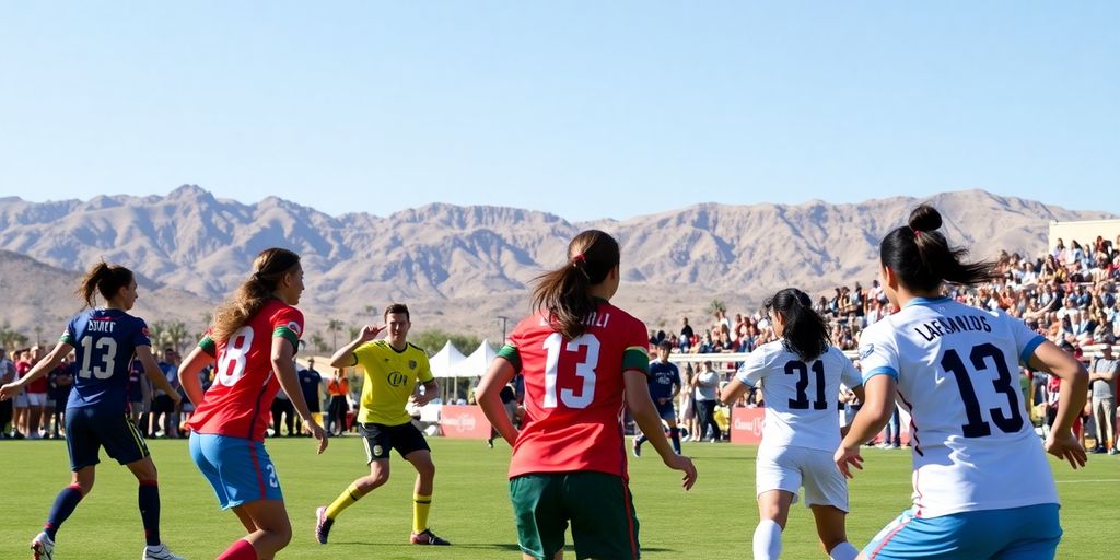 Soccer players in jerseys competing in a desert setting.