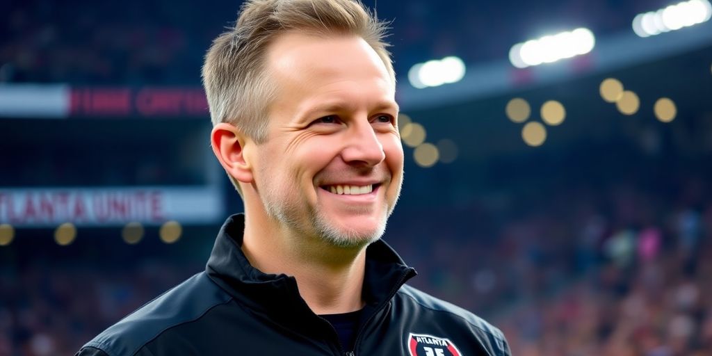 Ronny Deila, Atlanta United head coach, smiling at stadium.