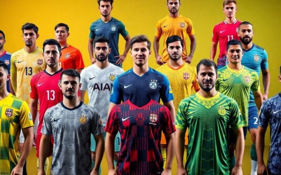 Colorful soccer jerseys for 2024 displayed on athletes.