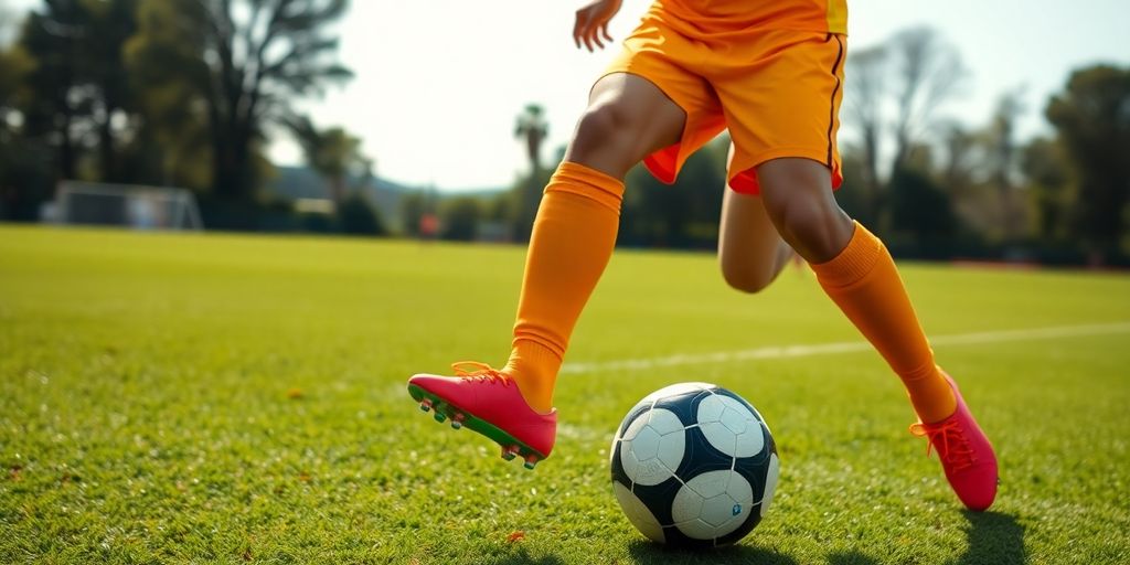 Soccer player in vibrant gear dribbling a ball.