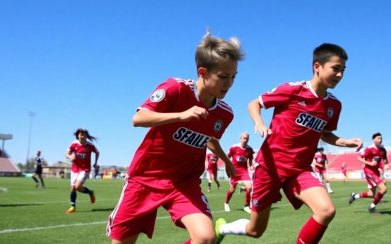 Young soccer players competing on a vibrant field.