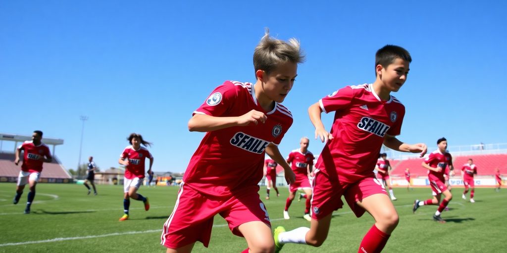 Young soccer players competing on a vibrant field.