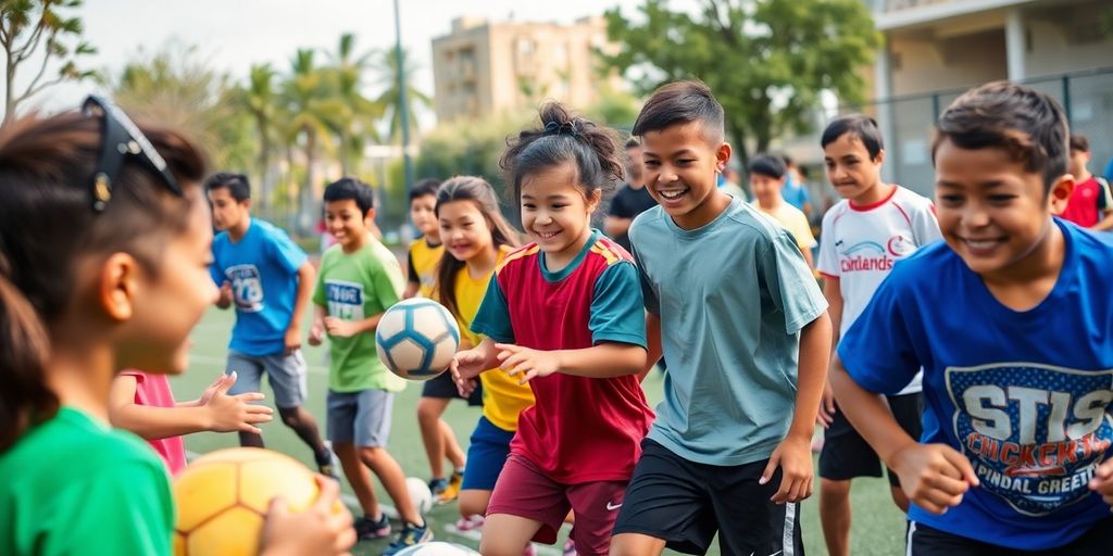 Diverse youth athletes engaged in sports activities outdoors.