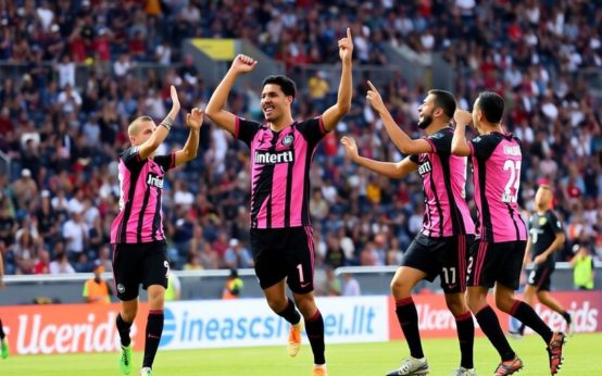 Inter Miami players celebrating a goal in preseason match.