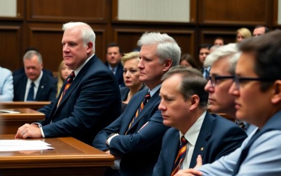 Courtroom with judge and lawyers during the MLS trial.