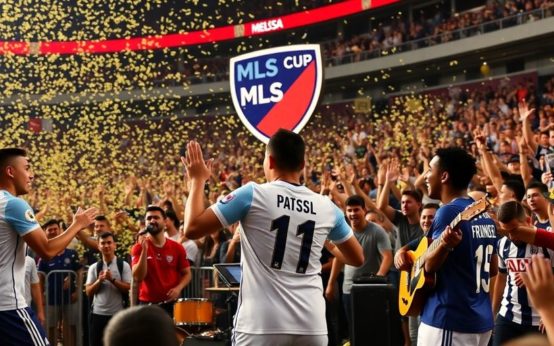 MLS Cup celebration with players and live music performance.